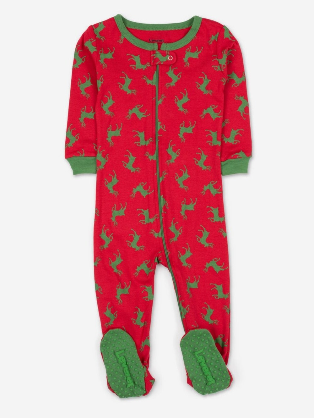 NWT {Leveret} Red & Green Reindeer Zip Sleeper Holiday Christmas Footed Ja…